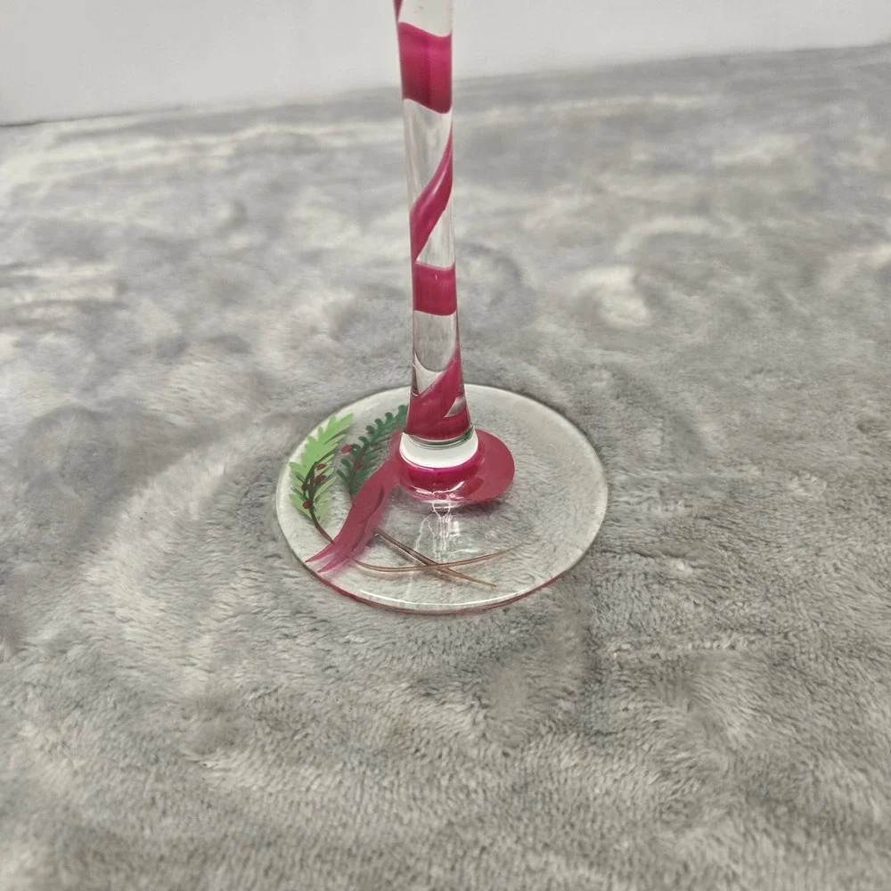 Hand Painted Christmas Wine Glass Bird with Pink Bow Holiday Stemware Festive